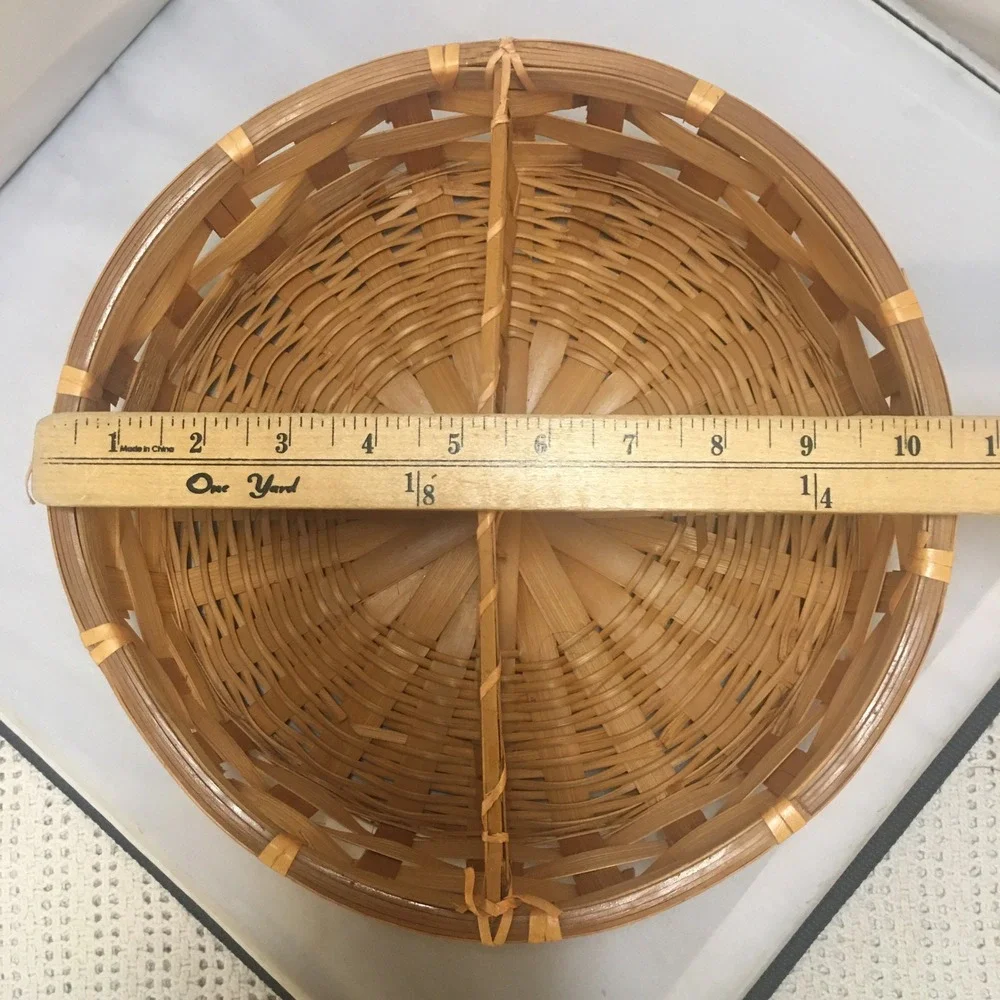 Woven Bamboo Divided Serving Basket Home Decor 10.5in Tan Round Tray Cottagecore